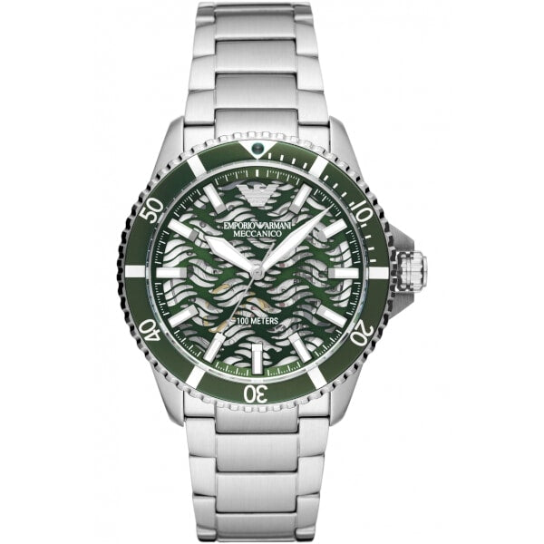 Relógio Masculino Emporio Armani Meccanico Automático - Pulseira de Aço Inox com Mostrador Verde Skeleton