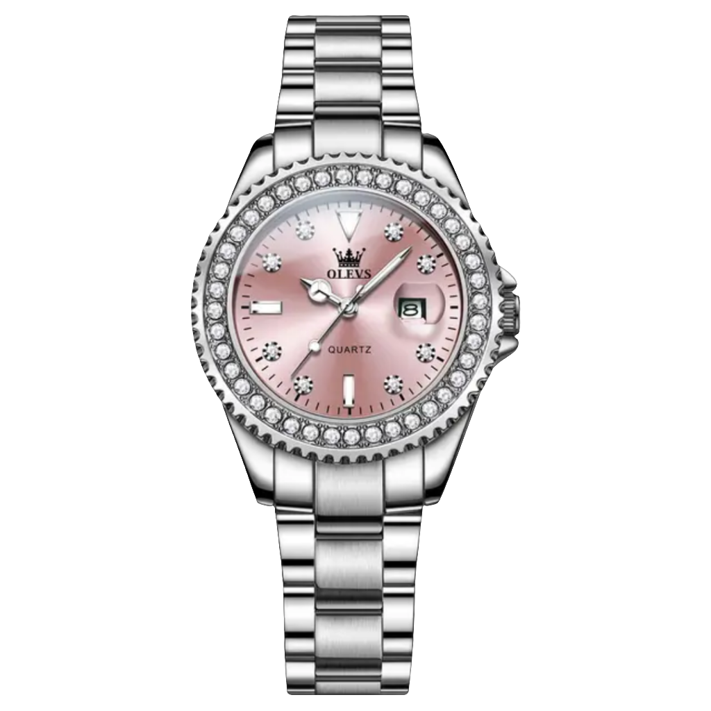 Relógio Feminino OLEVS 9945 – Mostrador Rosé com Pulseira Prateada de Aço