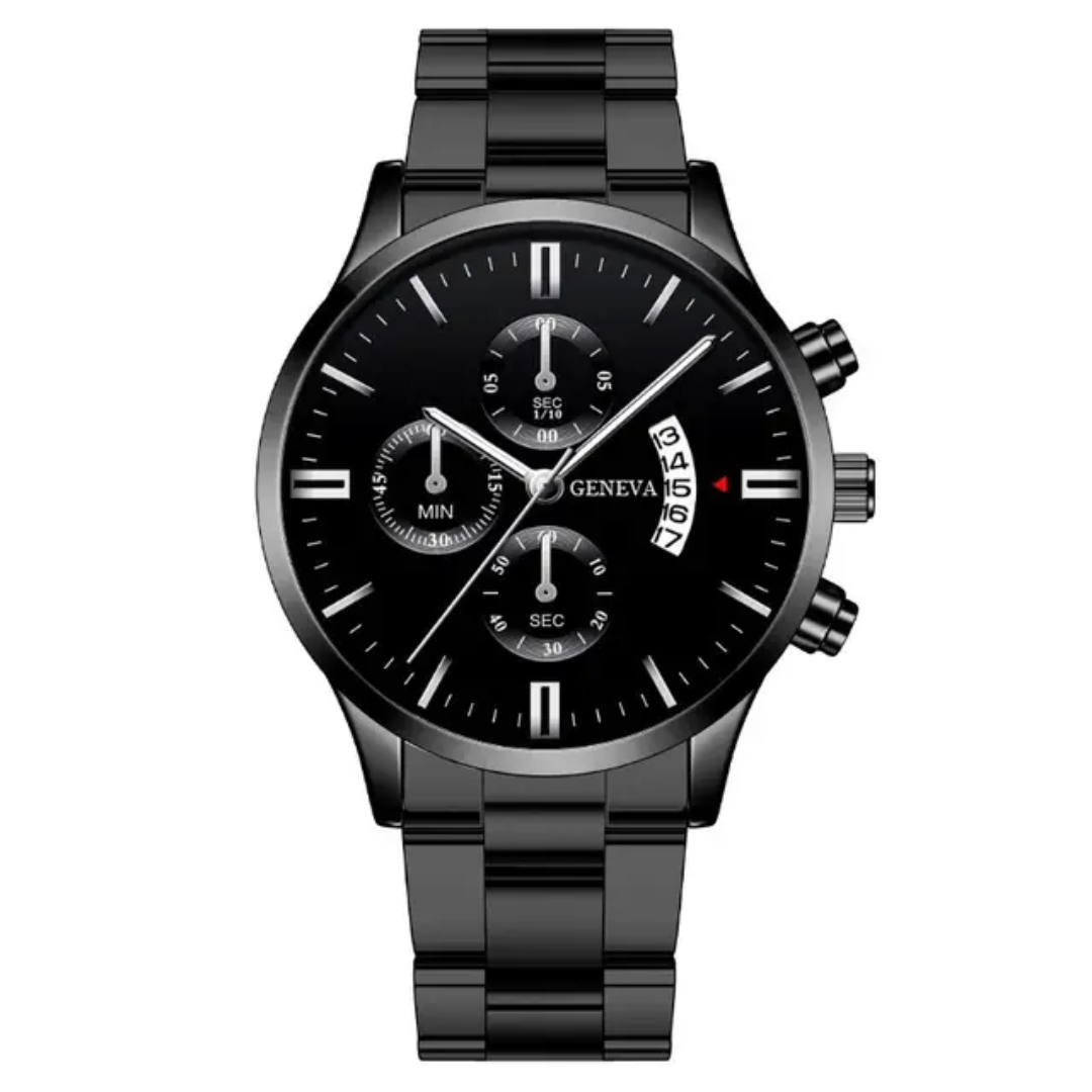 Relógio Masculino Geneva Preto Clássico com Cronógrafo e Pulseira em Aço