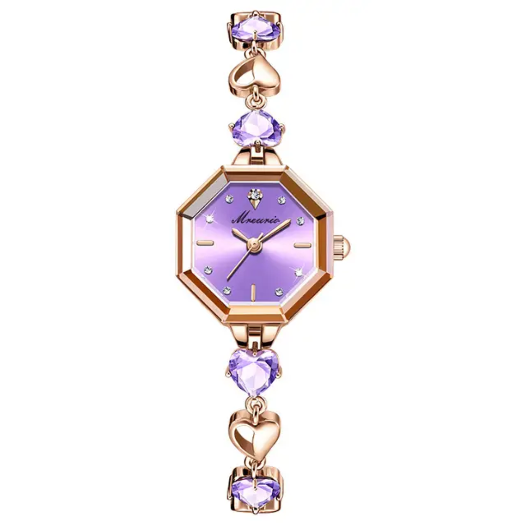 Relógio Feminino Luxo Coração com Detalhes em Cristal – Mostrador Roxo