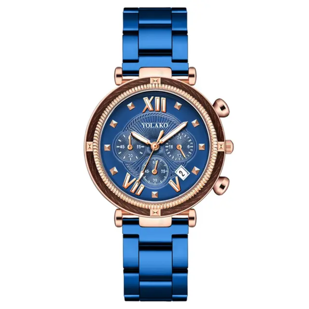 Relógio Feminino Azul YOLAKO com Detalhes Dourados