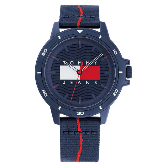 Relógio Tommy Jeans com Pulseira Azul e Detalhes em Vermelho, Design Moderno com Logo e Bandeira Icônica