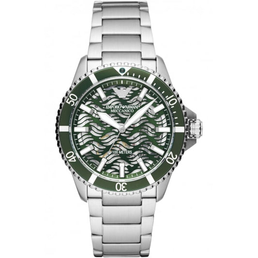 Relógio Masculino Emporio Armani Meccanico Automático - Pulseira de Aço Inox com Mostrador Verde Skeleton