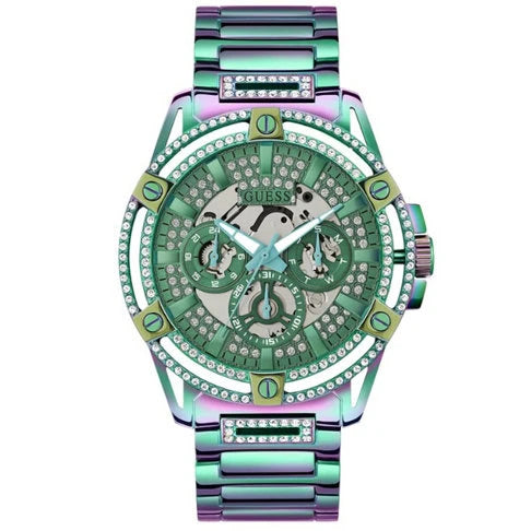 Relógio Guess Colorido com Caixa Multicolorida, Detalhes em Cristais e Design de Cronógrafo