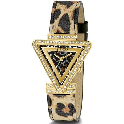 Relógio Guess com Caixa Dourada em Formato Triangular e Pulseira de Onça, Detalhes em Cristais