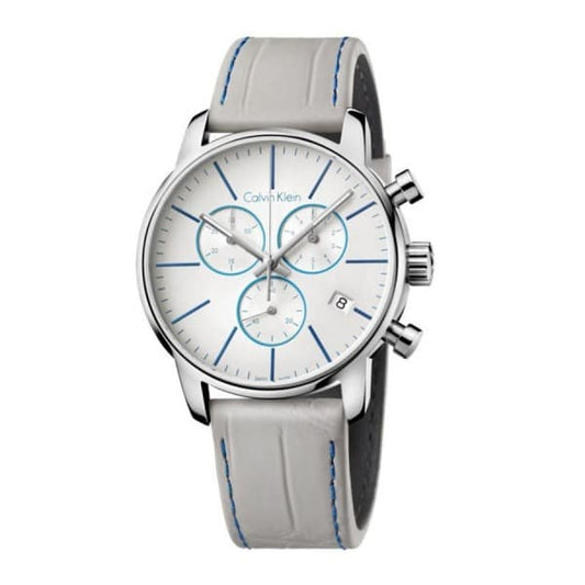 Relógio Calvin Klein Masculino K2G271Q4 Prata com Detalhes Azuis e Pulseira de Couro Cinza