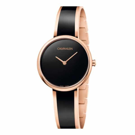 Relógio Calvin Klein com Caixa Dourada Rosé e Pulseira Preta, Design Elegante e Minimalista
