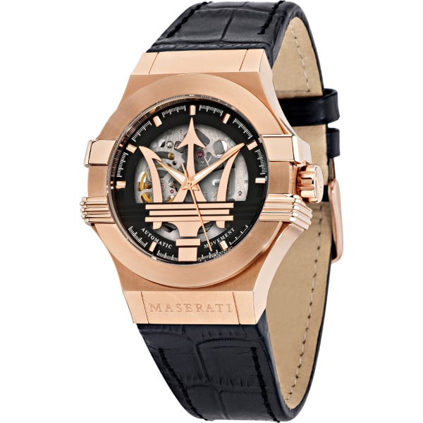 Relógio Masculino Maserati Traguardo Skeleton R8821108039 - Automático com Pulseira de Couro Preta e Caixa Rose Gold