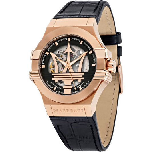 Relógio Masculino Maserati Traguardo Skeleton R8821108039 - Automático com Pulseira de Couro Preta e Caixa Rose Gold