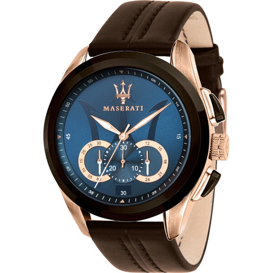 Relógio Masculino Maserati R8871612024 - Pulseira de Couro Marrom com Caixa Rose Gold e Mostrador Azul