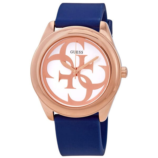 Relógio Guess com Caixa Dourada Rosé e Pulseira Azul, Mostrador com Logotipo Estilizado