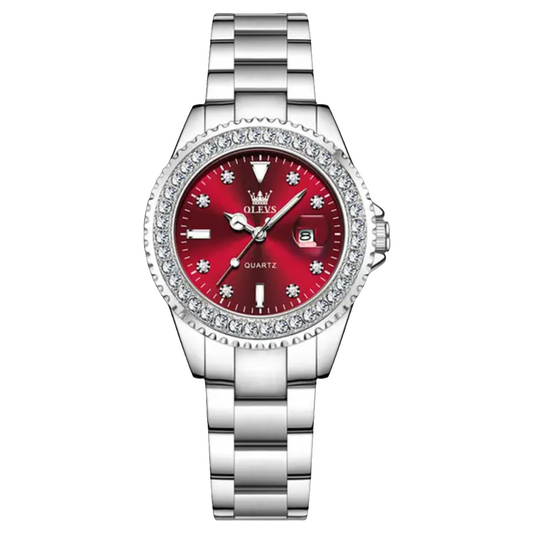 Relógio Feminino OLEVS 9945 Red & Silver – Luxo com Mostrador Vermelho e Pulseira em Aço Inoxidável