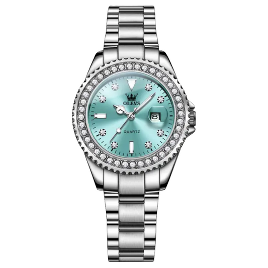 Relógio Feminino OLEVS 9945 Sky Blue & Silver – Elegância Suave com Pulseira de Aço