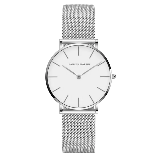 Relógio Feminino Hannah Martin Silver Classic – Minimalismo com Pulseira de Aço Inoxidável Prateada