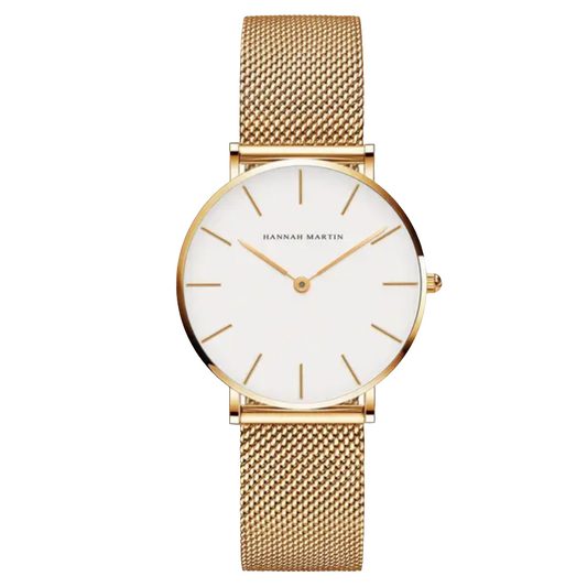 Relógio Minimalista Dourado Hannah Martin – Pulseira de Malha Fina