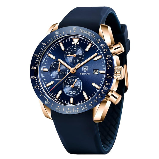 Relógio Masculino BENYAR Cronógrafo Esportivo – Azul e Prateado, à Prova d’Água, Design de Luxo