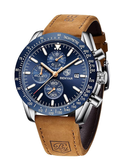 Relógio BENYAR Analógico Masculino – Cronógrafo de Quartzo com Design Moderno e Pulseira em Couro
