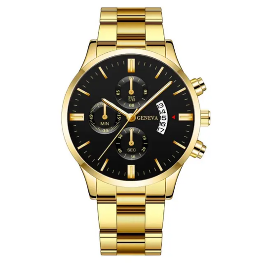 Relógio Masculino Geneva Luxo Dourado com Cronógrafo e Pulseira em Aço