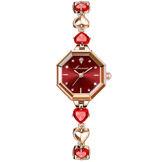 Relógio Feminino Luxo Coração com Cristais Vermelhos – Design Elegante e Romântico